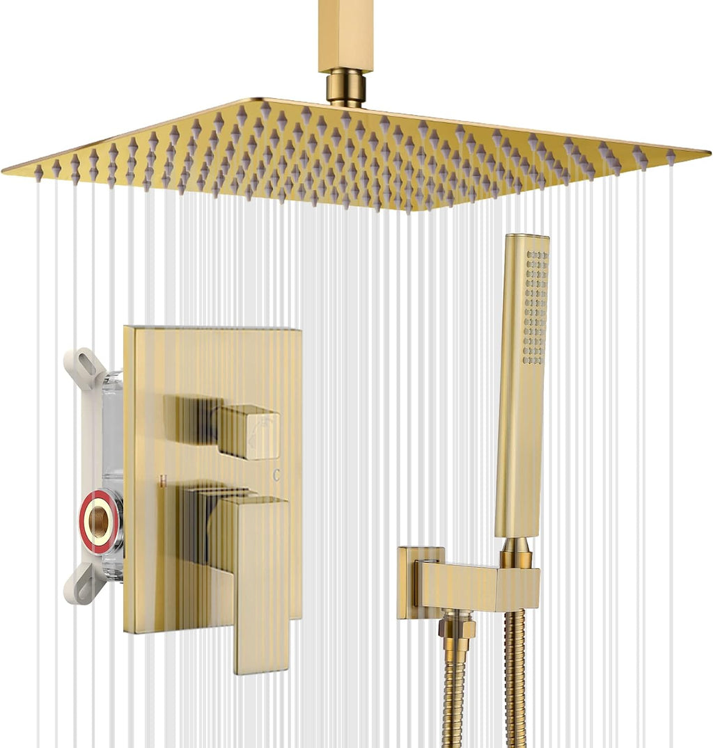 Iriber Brushed Gold Ceiling Mount Rain Shower System with 12 Inch Shower Head and Handheld Bathroom Golden Shower Set Contain Shower Faucet Mixer Trim Kit (Valve Cartridge Included)