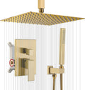 Iriber Brushed Gold Ceiling Mount Rain Shower System with 12 Inch Shower Head and Handheld Bathroom Golden Shower Set Contain Shower Faucet Mixer Trim Kit (Valve Cartridge Included)