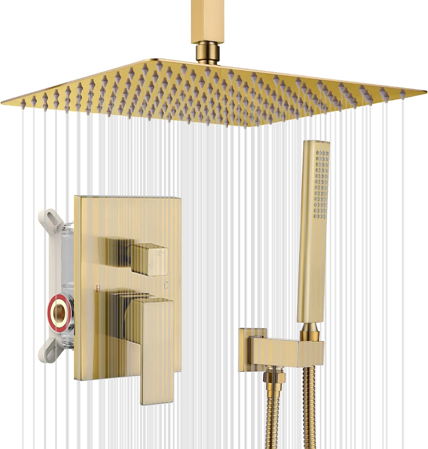 Iriber Brushed Gold Ceiling Mount Rain Shower System with 12 Inch Shower Head and Handheld Bathroom Golden Shower Set Contain Shower Faucet Mixer Trim Kit (Valve Cartridge Included)