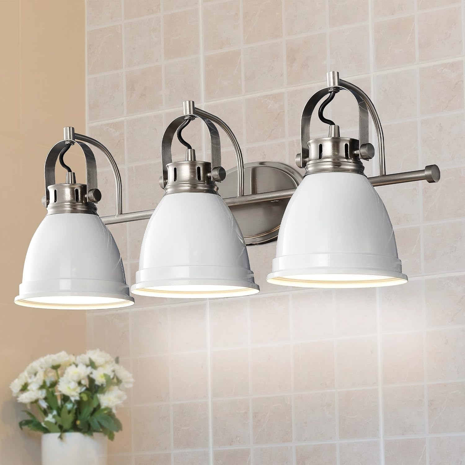 JONATHAN Y 25.5' White/Nickel 3-Light LED Vanity Light, Adjustable Wall Sconce for Bathroom Mirror, Farmhouse Bohemian Kitchen Light, Iron Black Bell Shade (JYL1116B)