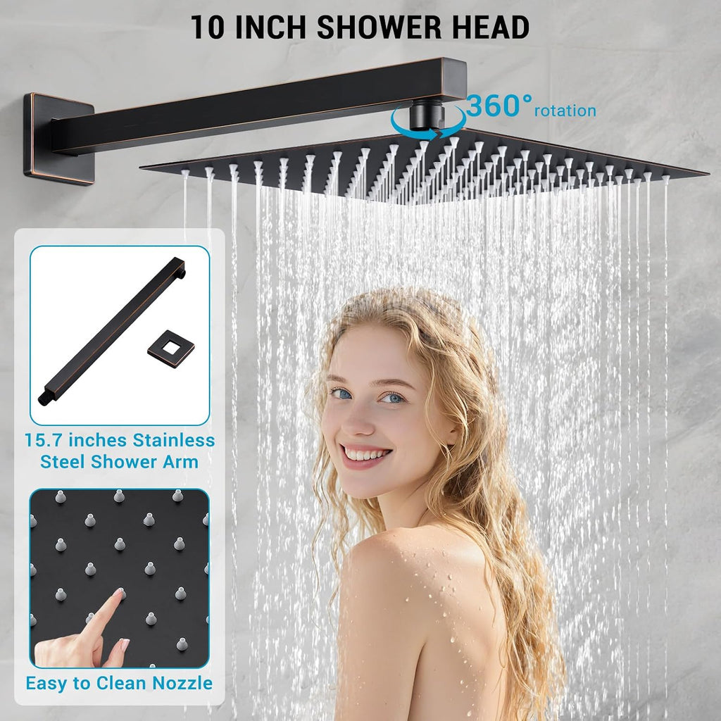 10' Rain Shower Faucet Set with Tub Spout,Oil Rubbed Bronze | Anti-scald cartridge, air tech boosts pressure 50%, 3-func diverter, NPT 1/2