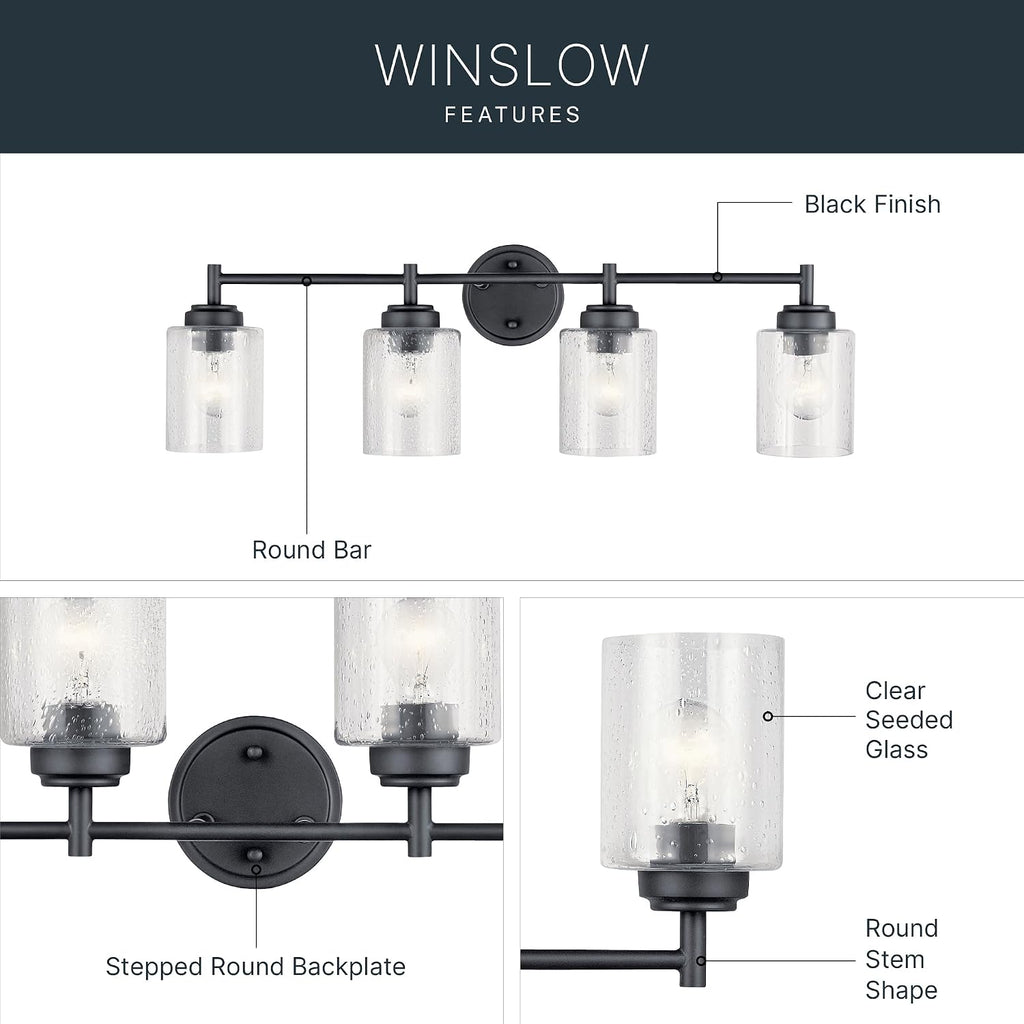 Kichler Winslow 30' 4-Light Bathroom Vanity Light Fixture with Clear Seeded Glass in Black, Modern Industrial Style for Bathroom and Powder Room, (30' x 9.25' x 6.5'), 45887BK