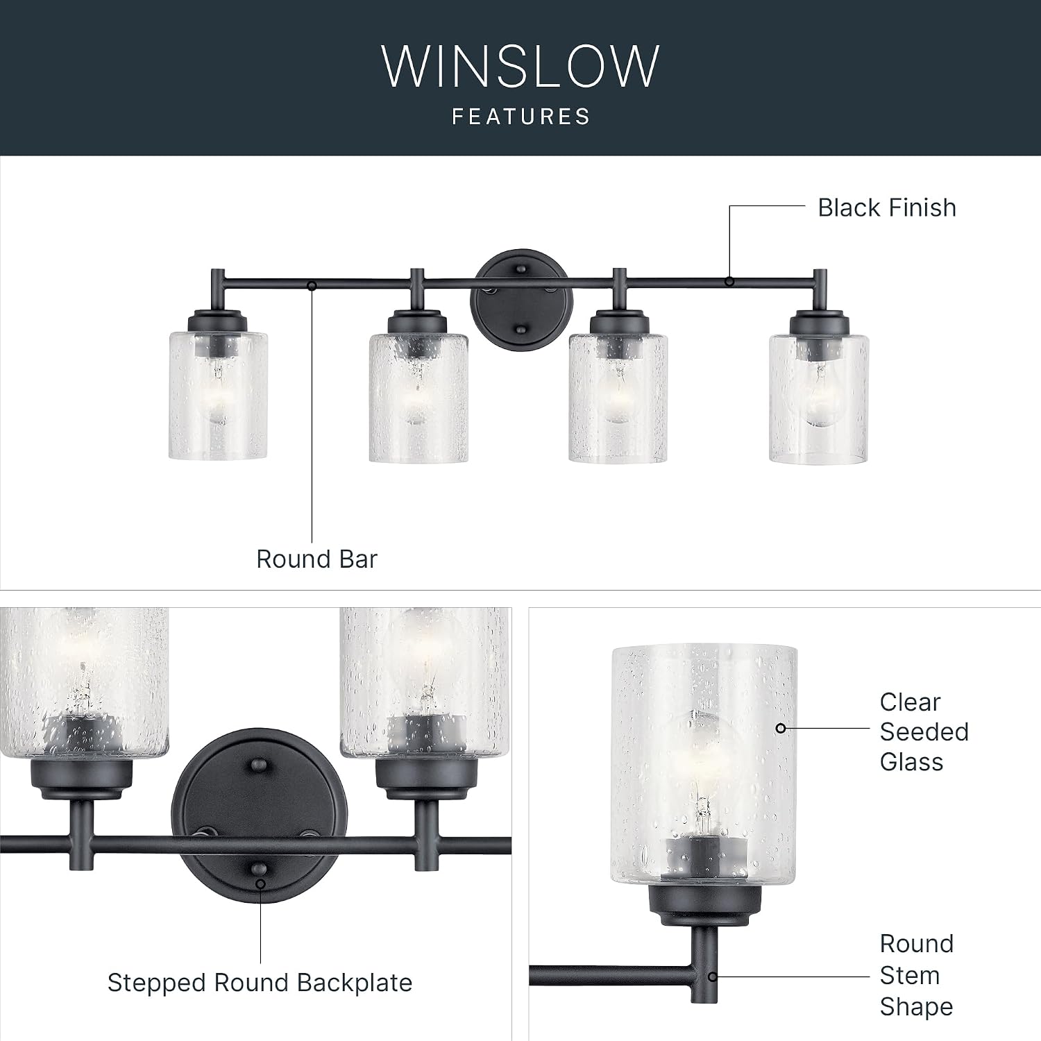 Kichler Winslow 30' 4-Light Bathroom Vanity Light Fixture with Clear Seeded Glass in Black, Modern Industrial Style for Bathroom and Powder Room, (30' x 9.25' x 6.5'), 45887BK