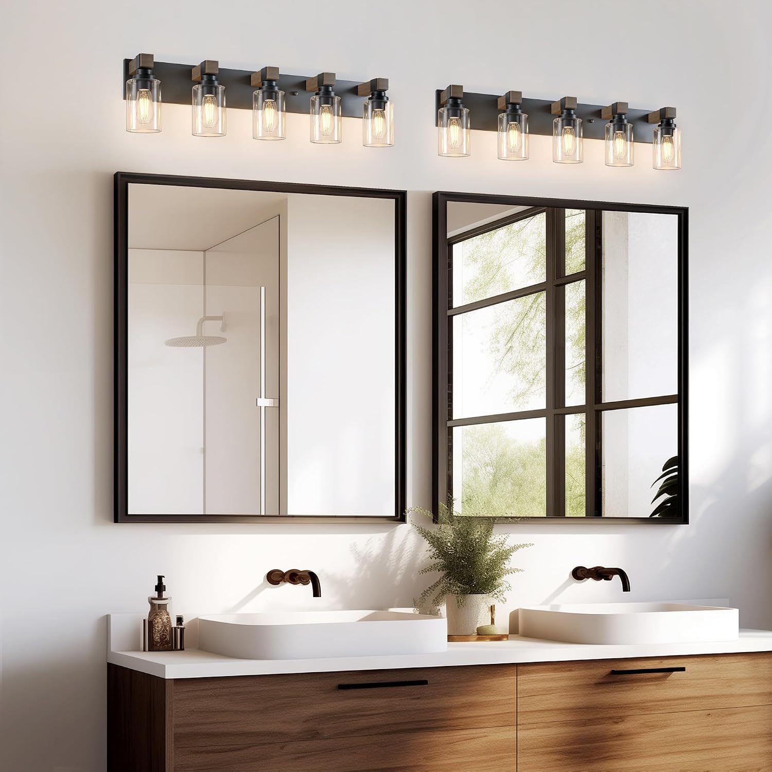 Farmhouse Bathroom Vanity Light Fixtures, Rustic 5-Light Wood Vanity Lights for Bathroom, Vintage Black Wall Sconces Lighting, Light fixtures Over Mirror, with Glass Shade