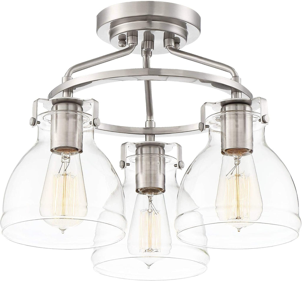 Possini Euro Design Bellis Modern Industrial Close to Ceiling Light Semi Flush Mount Fixture 14 1/2' Wide 3-Light Brushed Nickel Clear Glass Shade Bedroom Hallway Living Room Dining Room Bathroom