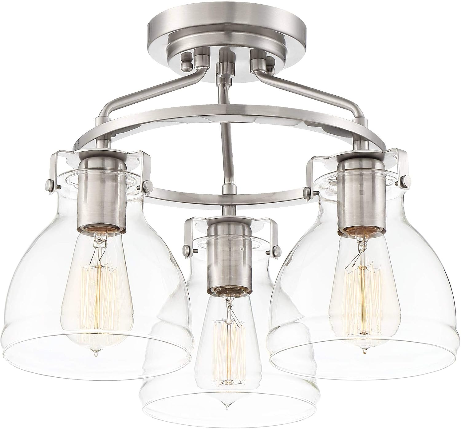 Possini Euro Design Bellis Modern Industrial Close to Ceiling Light Semi Flush Mount Fixture 14 1/2' Wide 3-Light Brushed Nickel Clear Glass Shade Bedroom Hallway Living Room Dining Room Bathroom