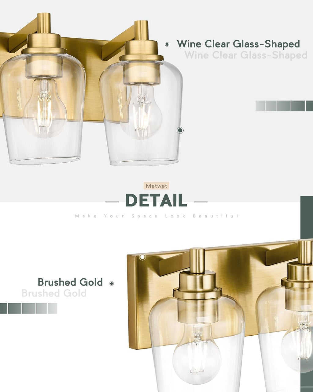 Bathroom Light Fixtures, 4-Light Modern Vanity Light with Clear Glass Wine Glass-Shaped Shade, Vanity Lighting Fixtures Over Mirror, Brushed Gold, VL155-BG-4