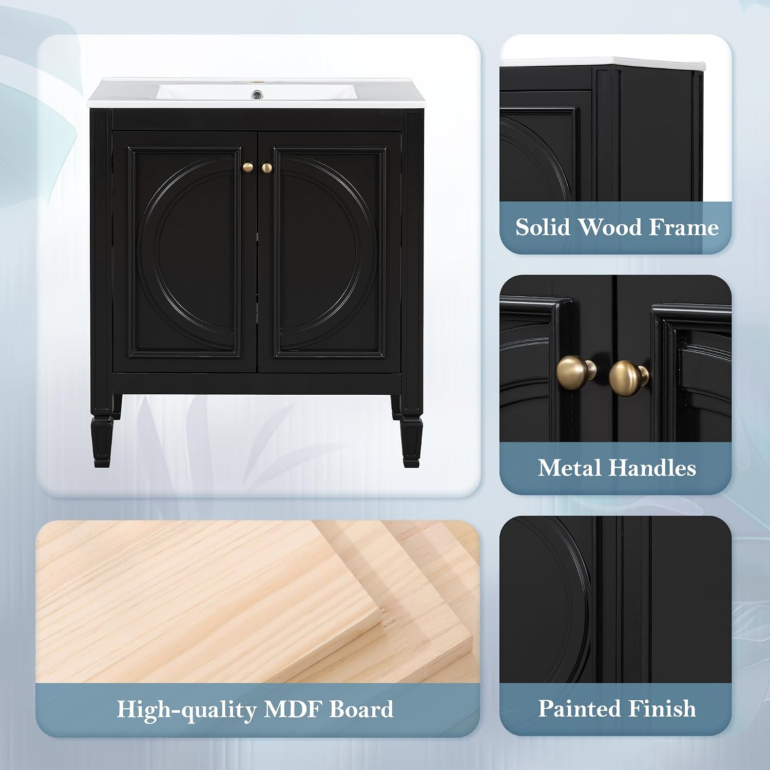 60 Inch Black Bathroom Vanity with Double Sink,Vintage Bathroom Double Vanity with Adjustable Shelves,Soft Closing Doors with Organizers,Hidden Sliding Tray,Solid Rubber Wood Frame(2 * 30 Inch)
