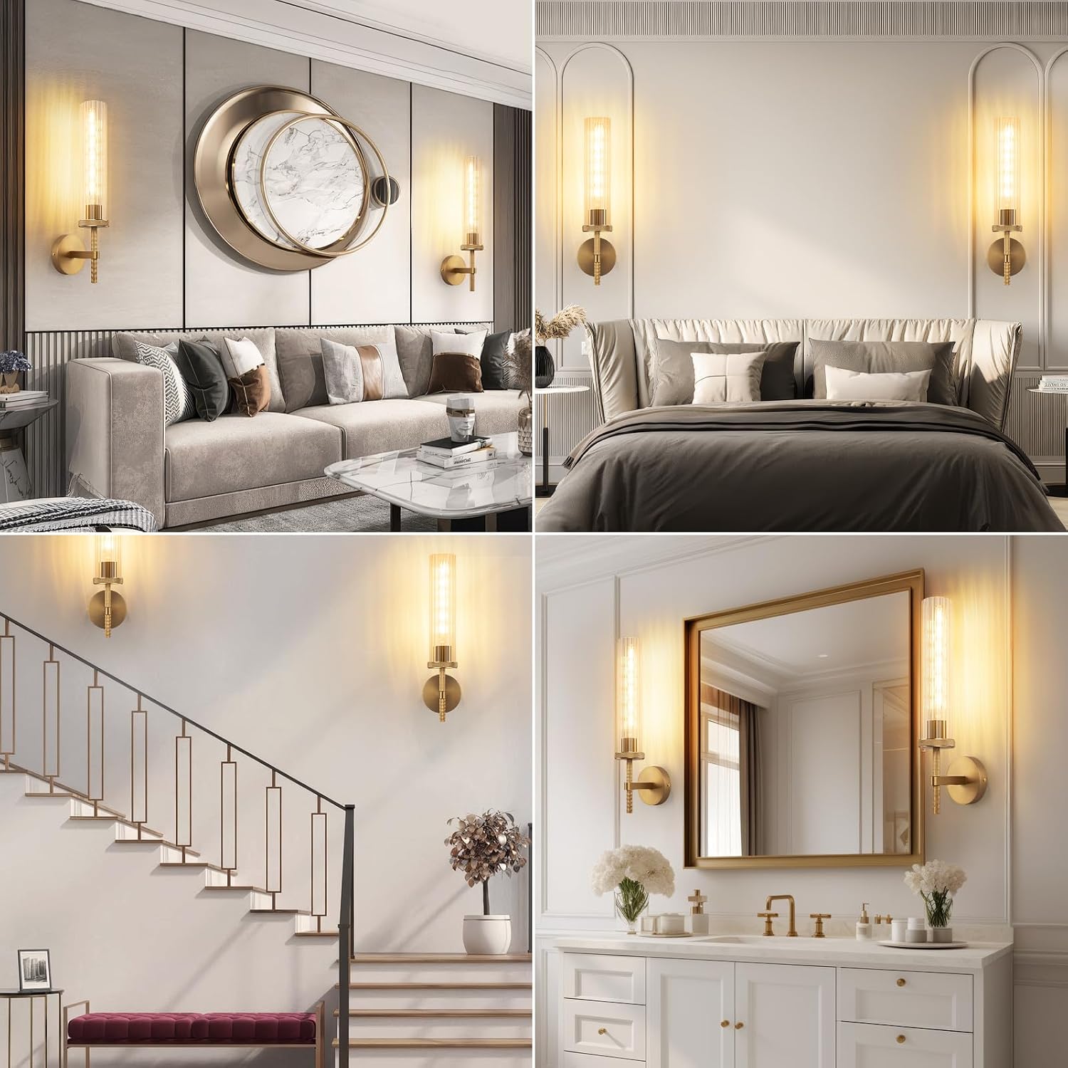 19.5' Knurled Gold Hardwired Wall Sconces Set of 2, Bathroom Vanity Light Fixtures with Vertical Striped Glass Tube, Modern Lamp Lighting for Bedroom, Living Room, Hallway, Staircase, Mirror, Kitchen
