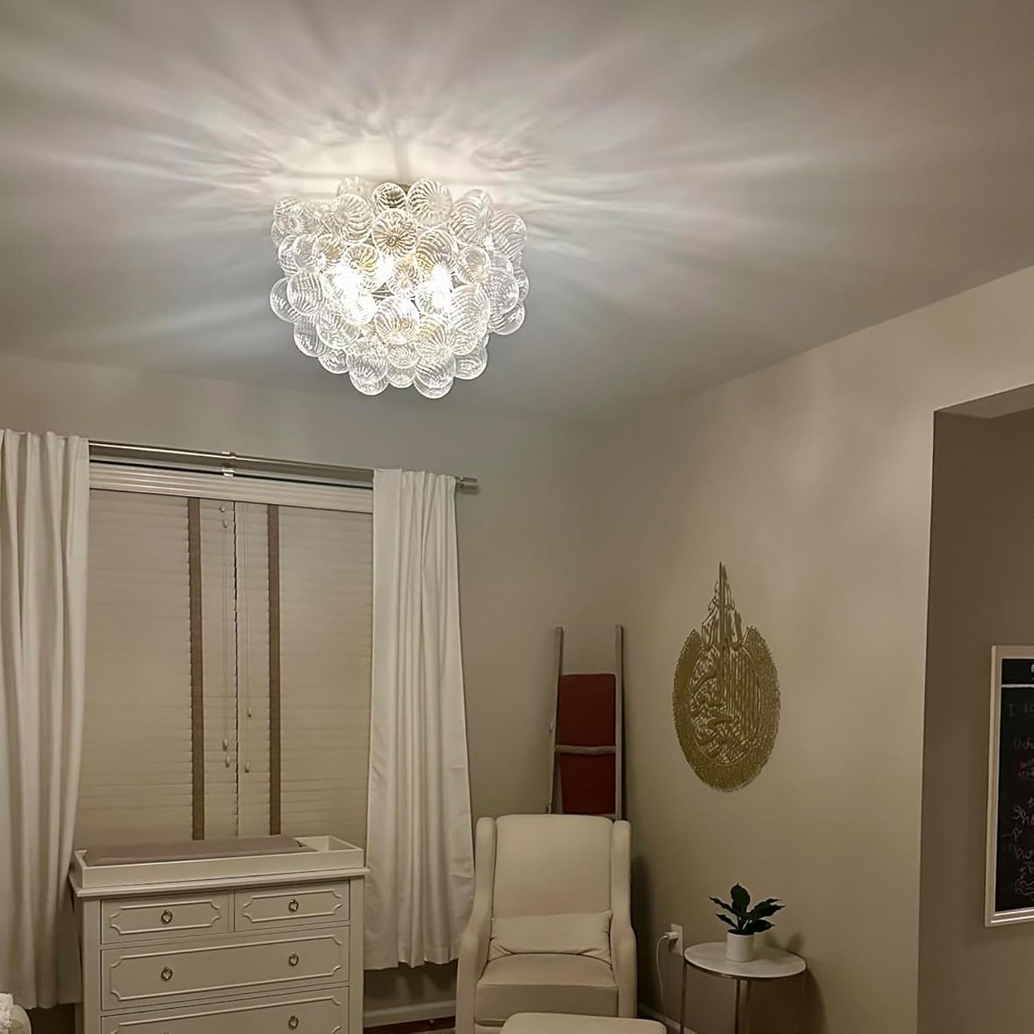 Semi Flush Mount Bubble Ball Chandelier Lighting 24 Inches Gold Clear Ribbed Blown Glass Chandeliers Ceiling Light Fixture for Bedroom, Living Room, Entry, Bathroom