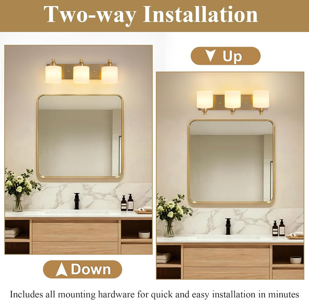 Mecgirn Stainless Steel Milk Glass Vanity Lights for Bathroom, 3 Light Brass Bathroom Light Fixtures Over Mirror, Ceramic E26 Sockets Wall Mounted