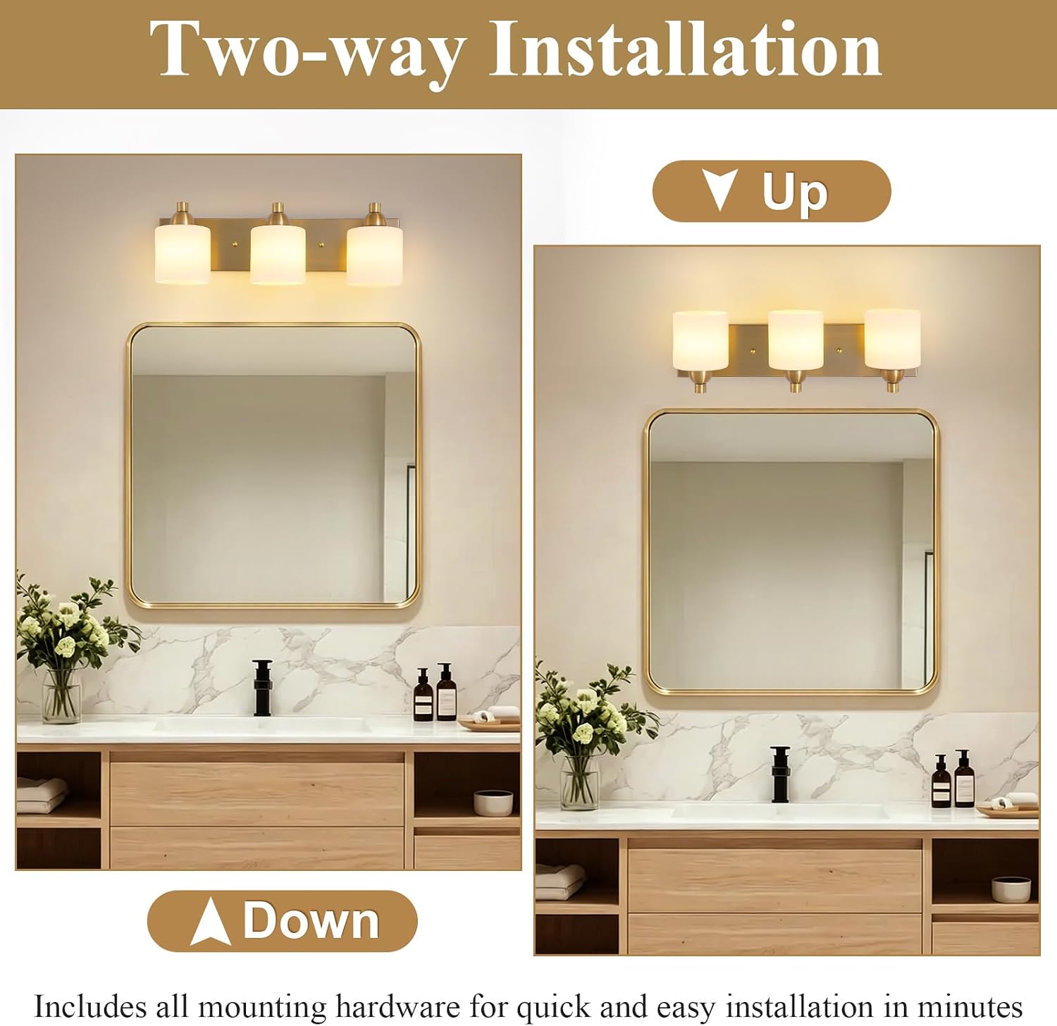 Mecgirn Stainless Steel Milk Glass Vanity Lights for Bathroom, 3 Light Brass Bathroom Light Fixtures Over Mirror, Ceramic E26 Sockets Wall Mounted