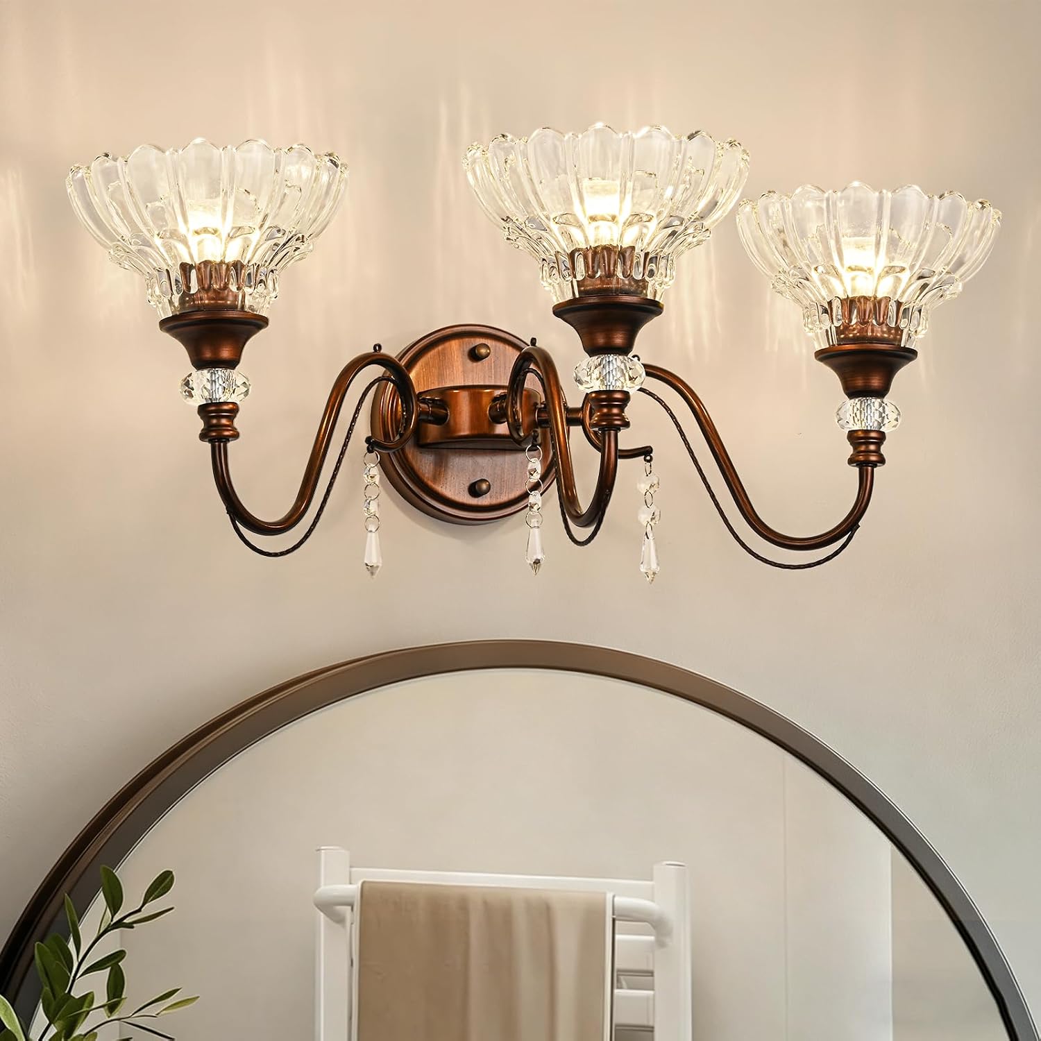 Vintage Bathroom Vanity Light, 3-Light Matte Antique Red Bronze Finish Wall Sconce with Hanging Crystal Accent and Flower-Shaped Clear Glass Shades, Retro Wall Mount Vanity Light Over Mirror