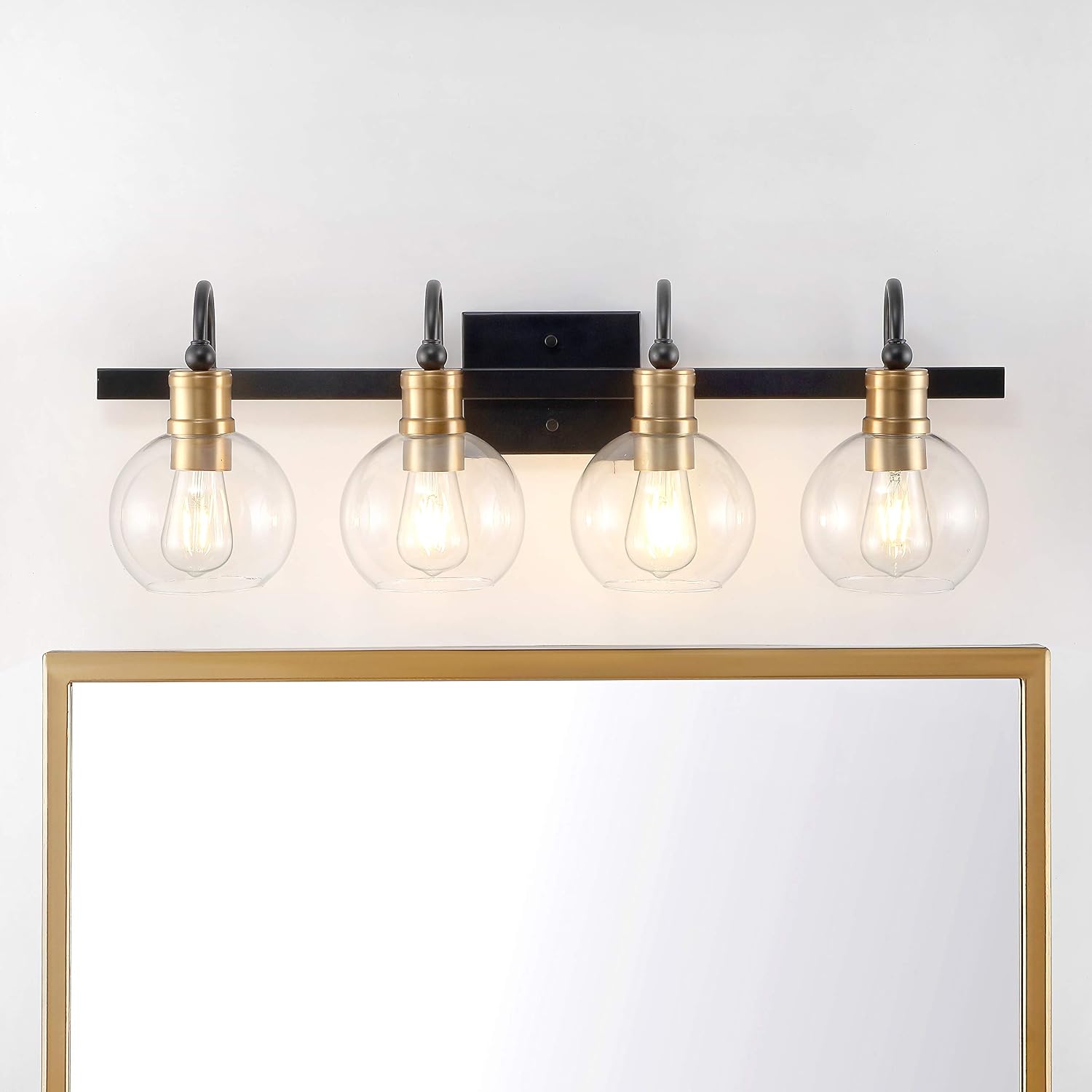 JONATHAN Y 29.75' Black/Brass Gold Vintage Wall Sconce, LED Vanity Light for Bathroom Bedroom Entryway, Clear Glass Globe Shade, Modern Industrial Arched Lamp, LED Bulb Included (JYL3529A)