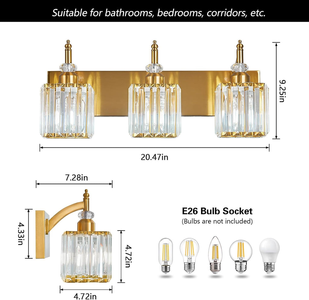 Modern Bathroom Vanity Light 3-Light Gold Crystal Light Fixtures Over Mirror for Bathroom Wall Sconce
