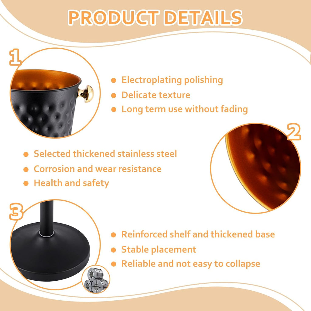 2 Pack Stainless Steel Champagne Ice Bucket with Stand, 92cm/32in Height Black Gold Wine Chiller, 15LB Heavy Duty Ice Bucket Set with Handle for Bar, KTV, Club, Party, Wedding & Commercial Use