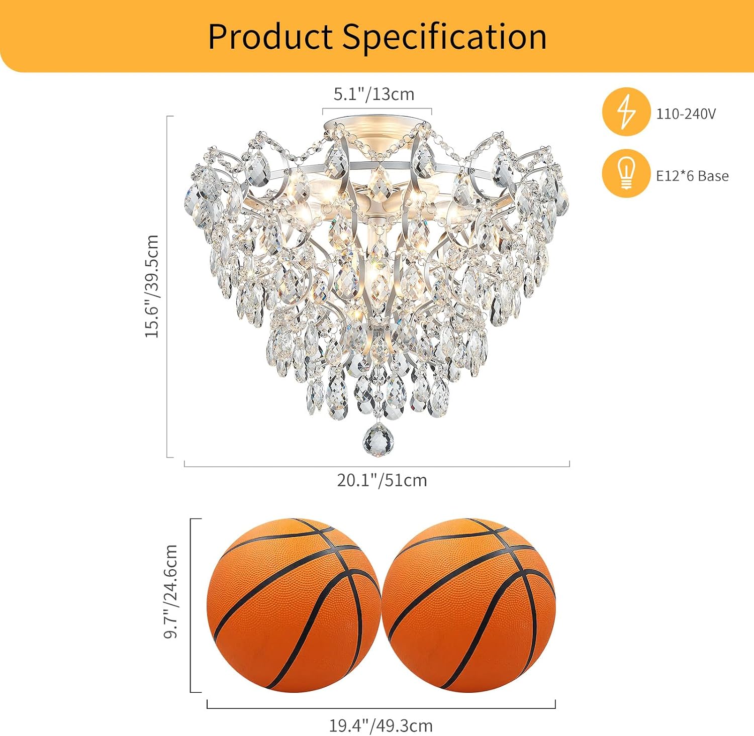 WUZUPS 6-Light Crystal Chandelier Ceiling Light Modern Lighting Fixture for Bedroom Hallway Bar Kitchen Bathroom, H 15.6' W 20.1', E12 Base, Silver