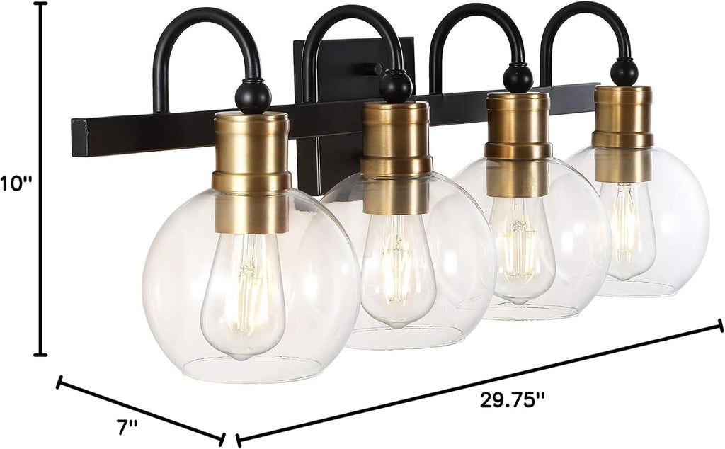 JONATHAN Y 29.75' Black/Brass Gold Vintage Wall Sconce, LED Vanity Light for Bathroom Bedroom Entryway, Clear Glass Globe Shade, Modern Industrial Arched Lamp, LED Bulb Included (JYL3529A)