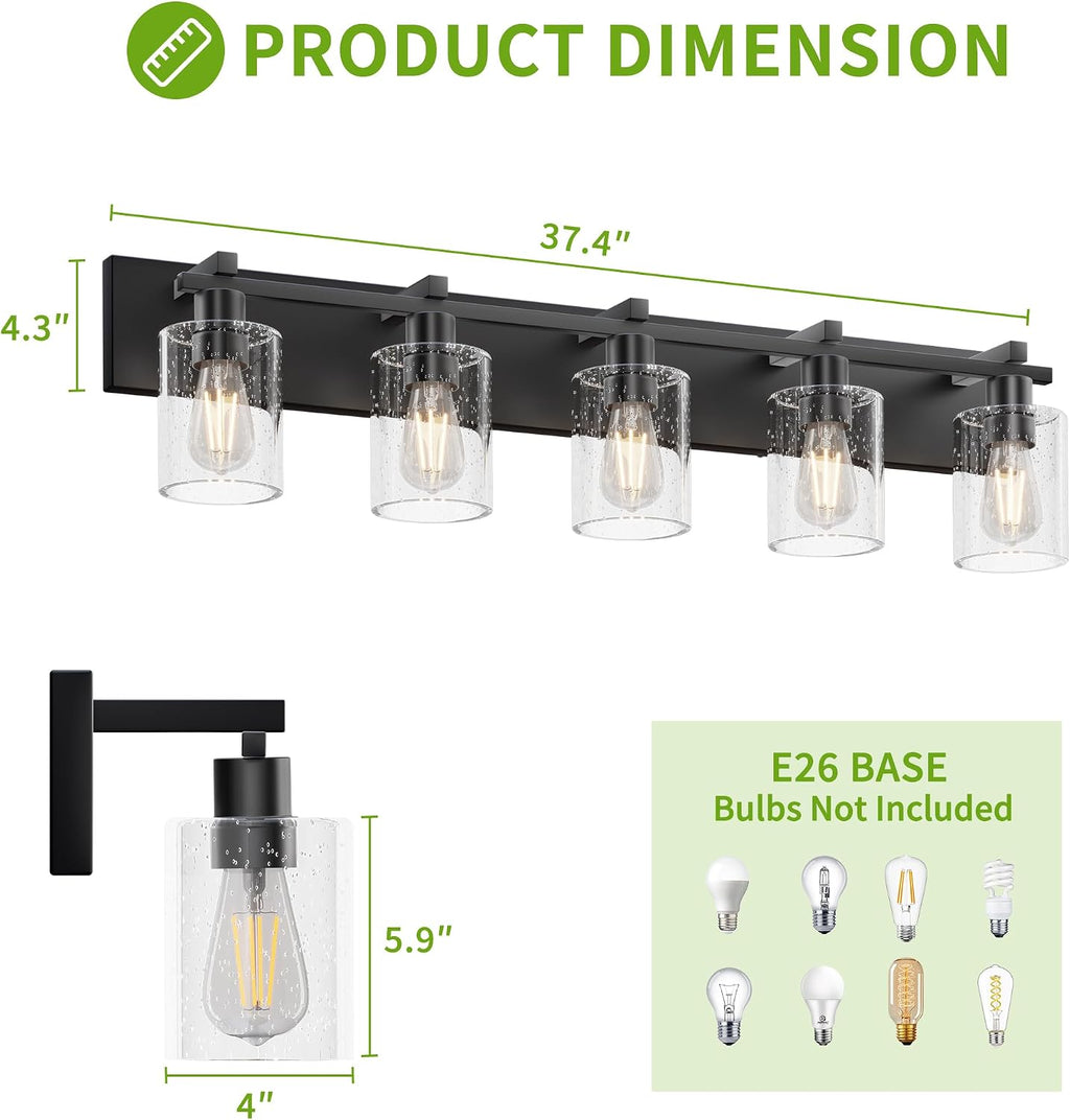 5-Light Bathroom Light Fixtures, Bubble Black Modern Vanity Lights with Clear Glass Shade, Wall Sconce Lighting for Mirror Kitchen Living Room Hallway Cabinet Porch