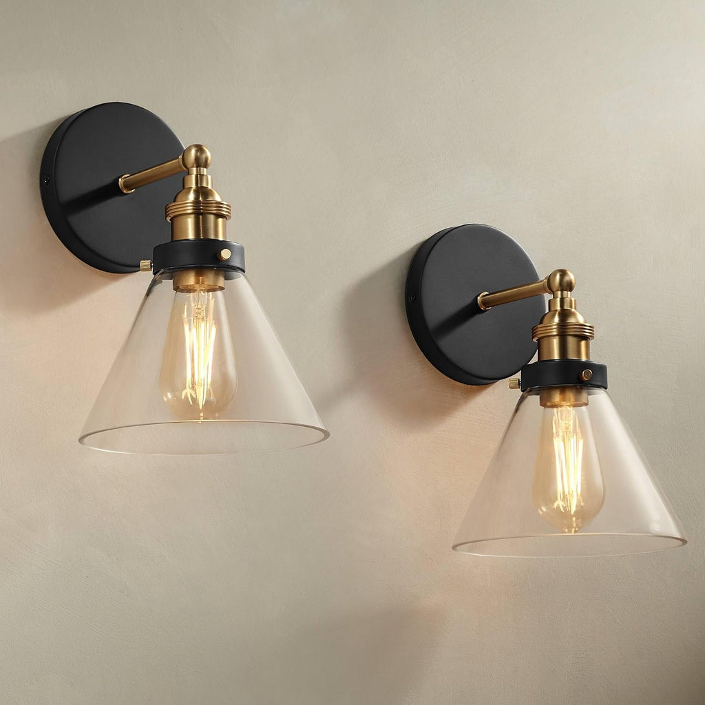 360 Lighting Burke Modern Industrial Wall Light Sconces Set of 2 Black and Brass Hardwire 7 1/4' Fixture Clear Glass Cone Shade for Bedroom Bathroom Bedside Vanity Living Room Home Hallway