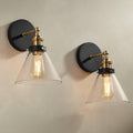 360 Lighting Burke Modern Industrial Wall Light Sconces Set of 2 Black and Brass Hardwire 7 1/4' Fixture Clear Glass Cone Shade for Bedroom Bathroom Bedside Vanity Living Room Home Hallway