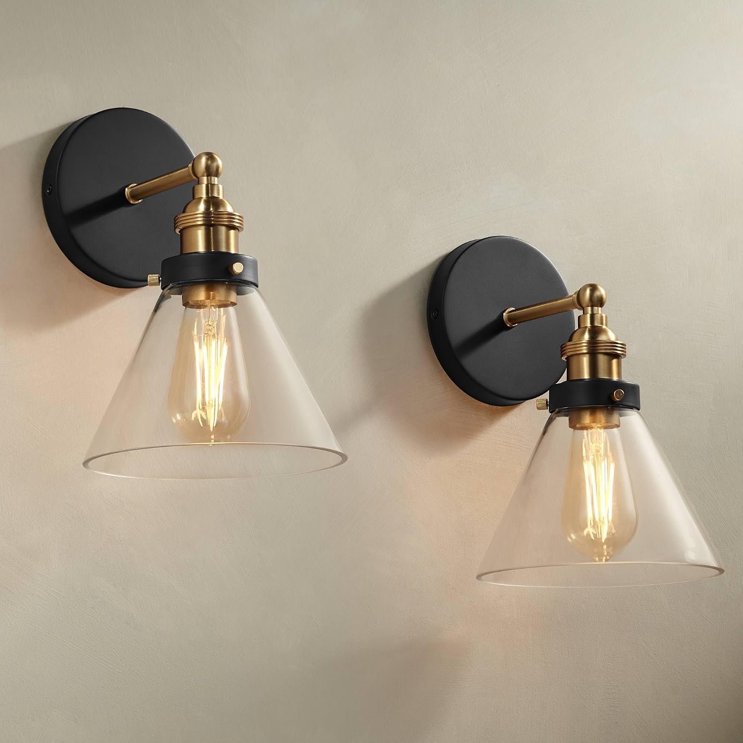 360 Lighting Burke Modern Industrial Wall Light Sconces Set of 2 Black and Brass Hardwire 7 1/4' Fixture Clear Glass Cone Shade for Bedroom Bathroom Bedside Vanity Living Room Home Hallway