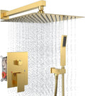Rain Shower System 12 Inches Shower Head with Handheld Combo Set for Bathroom,High Pressure Rainfall Shower Faucet Set Wall Mounted,Rough-in Valve and Trim Kit(Brushed Gold)