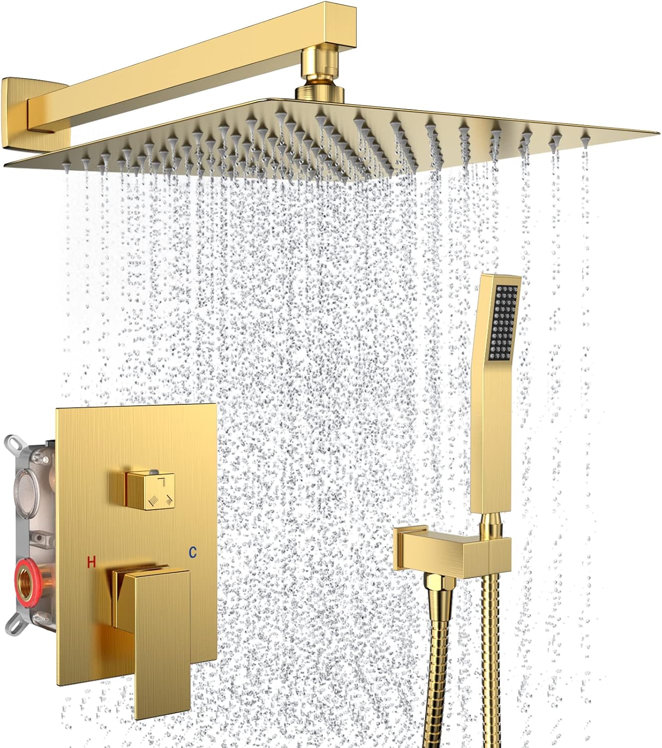 Rain Shower System 12 Inches Shower Head with Handheld Combo Set for Bathroom,High Pressure Rainfall Shower Faucet Set Wall Mounted,Rough-in Valve and Trim Kit(Brushed Gold)