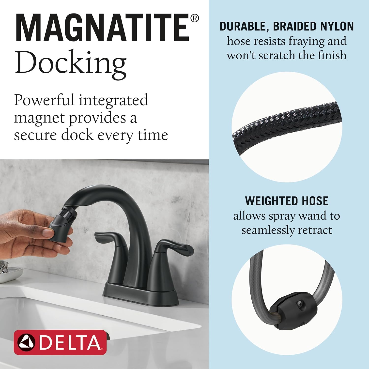Delta Arvo Pull-Down Centerset Bathroom Faucet, Matte Black Bathroom Sink Faucet, Bathroom Faucet with Pull Out Sprayer, 3-Hole Bathroom Faucet, Matte Black 25840LF-BLPD