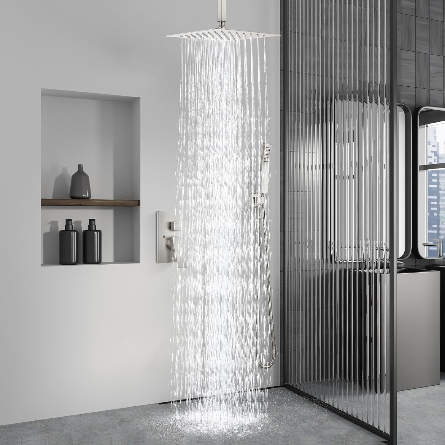 Aolemi Ceiling Mount Shower System Rain Shower Head with Handheld Spray High Pressure Shower Faucet Set Rough-in Valve Shower Trim Kit Included Bathroom Brushed Nickel 16 Inch Ceiling Shower Head