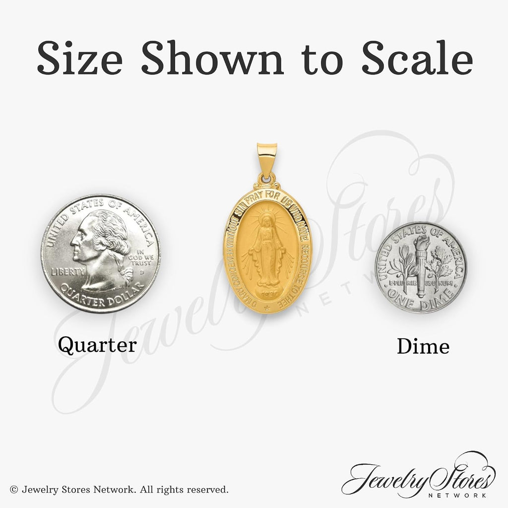 14k Gold Virgin Mary Miraculous Medal Pendant - Oval Mother Mary Necklace Charm with Sacred Words - Handcrafted Religious Jewelry Made in USA - Traditional Catholic Design