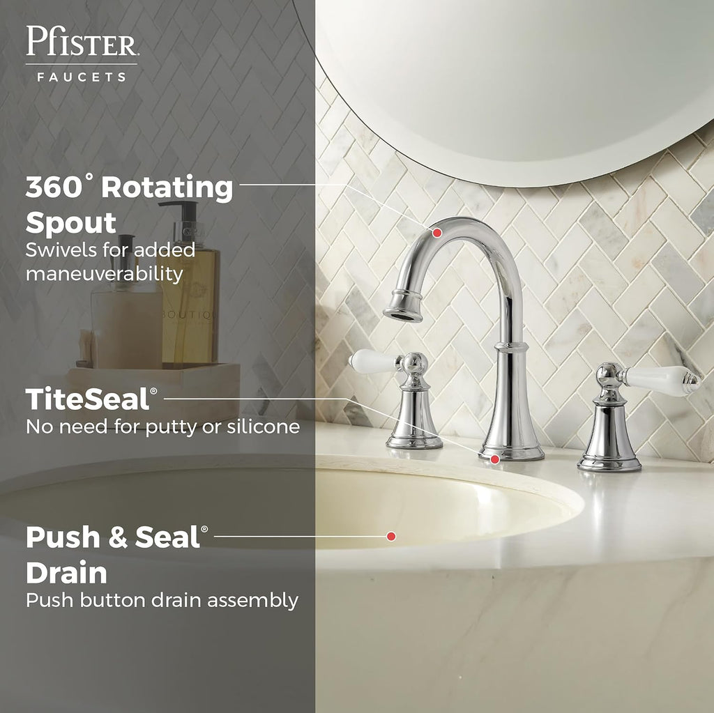 Pfister Courant 8 in Widespread 3 Hole Bathroom Sink Faucet 2 Handle Polished Chrome NSF Certified WaterSense Push & Seal Drain 360 Degree Swivel Spout LF049COPC