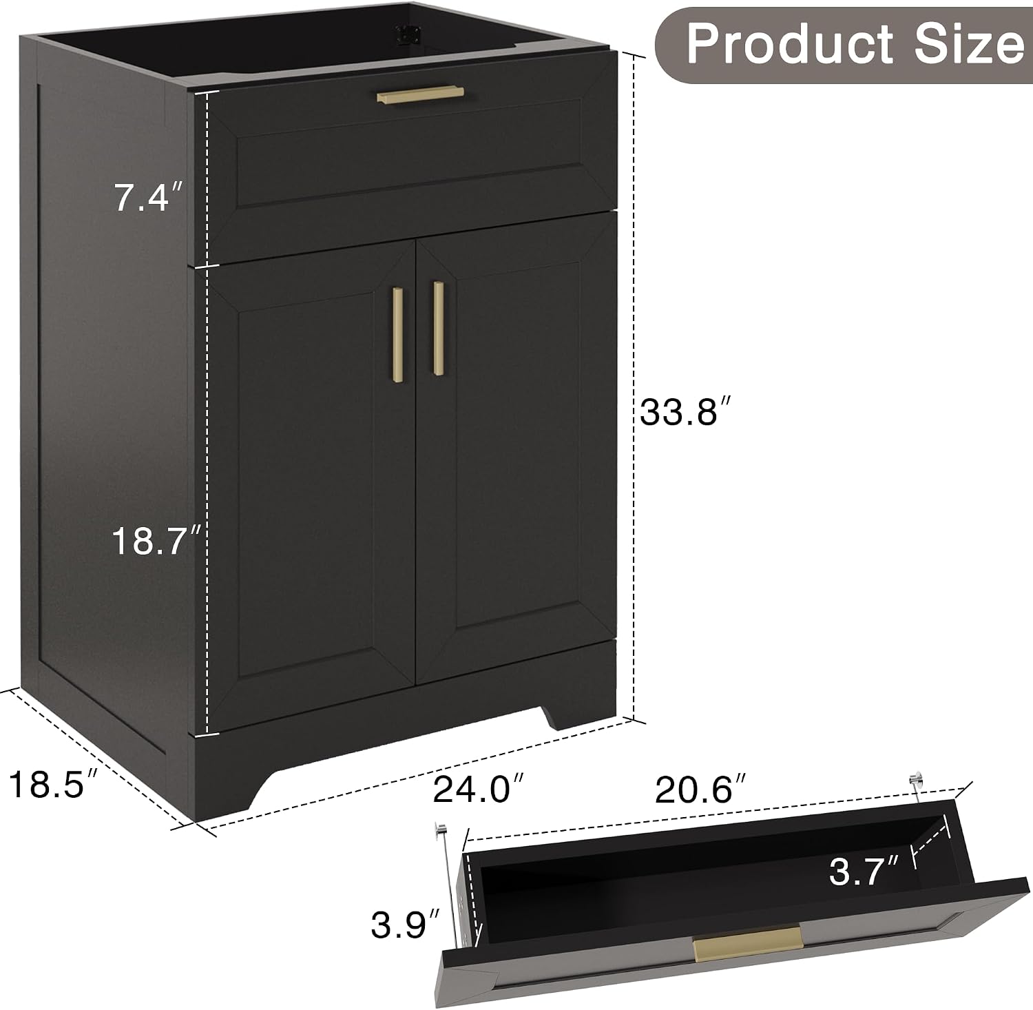 KIGOTY 24' Bathroom Vanity Without Sink, Bathroom Storage Cabinet Without Top, Unassembled Sink Cabinet with Drawer, Soft-Closing Door and Adjustable Shelf (Black)