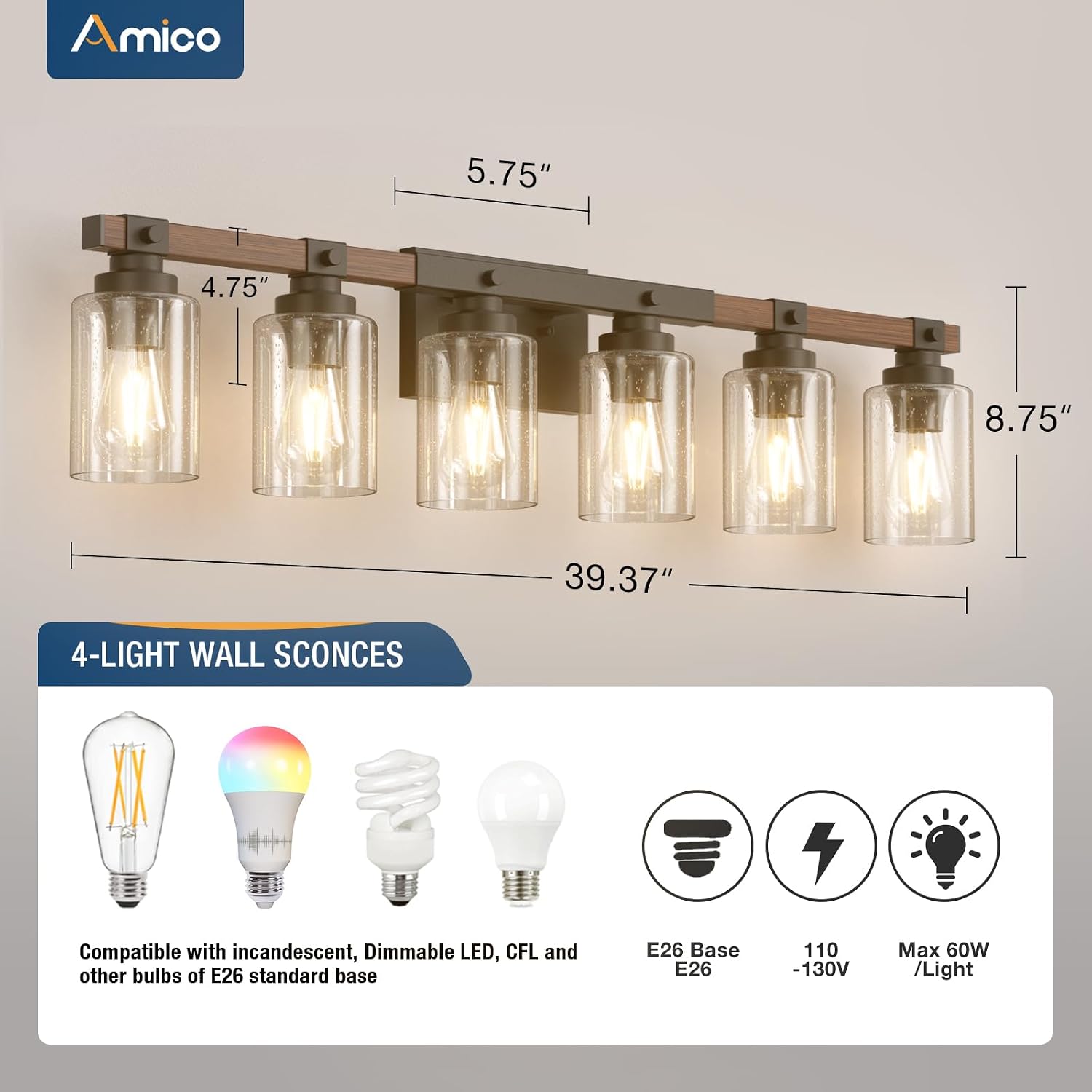 Amico Farmhouse Bathroom Vanity Light Fixtures,Rustic 6-Light Industrial Painted Wood Lights,Vintage Black Wall Sconces Bathroom Vanity Lighting with Bubble Glass Shade