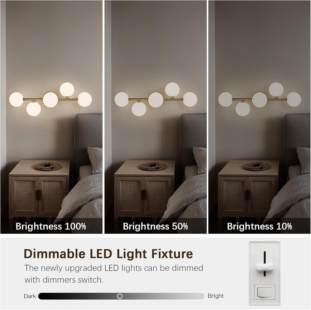 Bathroom Light Fixtures, Brushed Gold Bathroom Vanity Light Over Mirror with Milk White Glass Shades, Dimmable LED Wall Sconces for Hallway, Entryway, Living Room, Bedside, Staircase