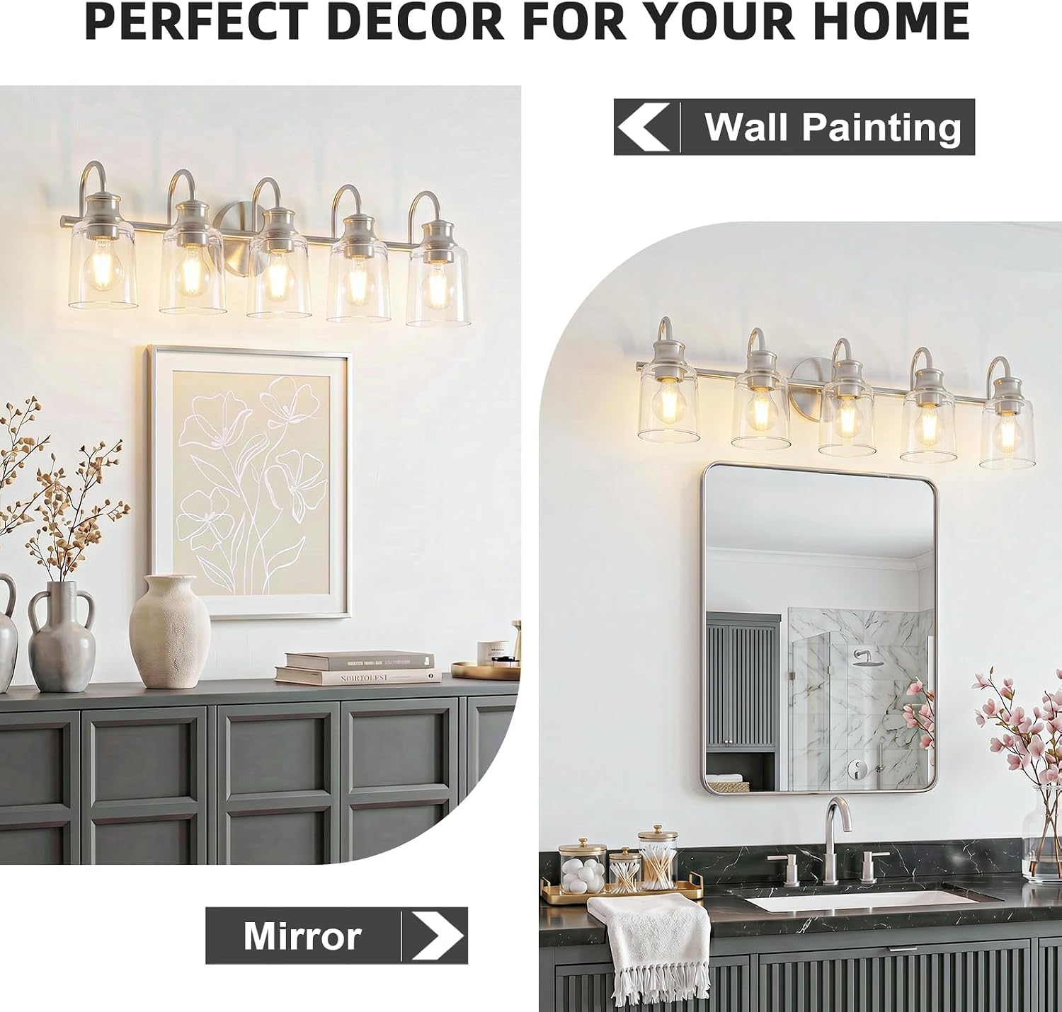 5 Lights Bathroom Light Fixtures Modern Brushed Nickel Vanity Lights for Bathroom Lighting Fixtures Over Mirror with Clear Glass Shade for Cabinet Mirror Bedroom Hallway