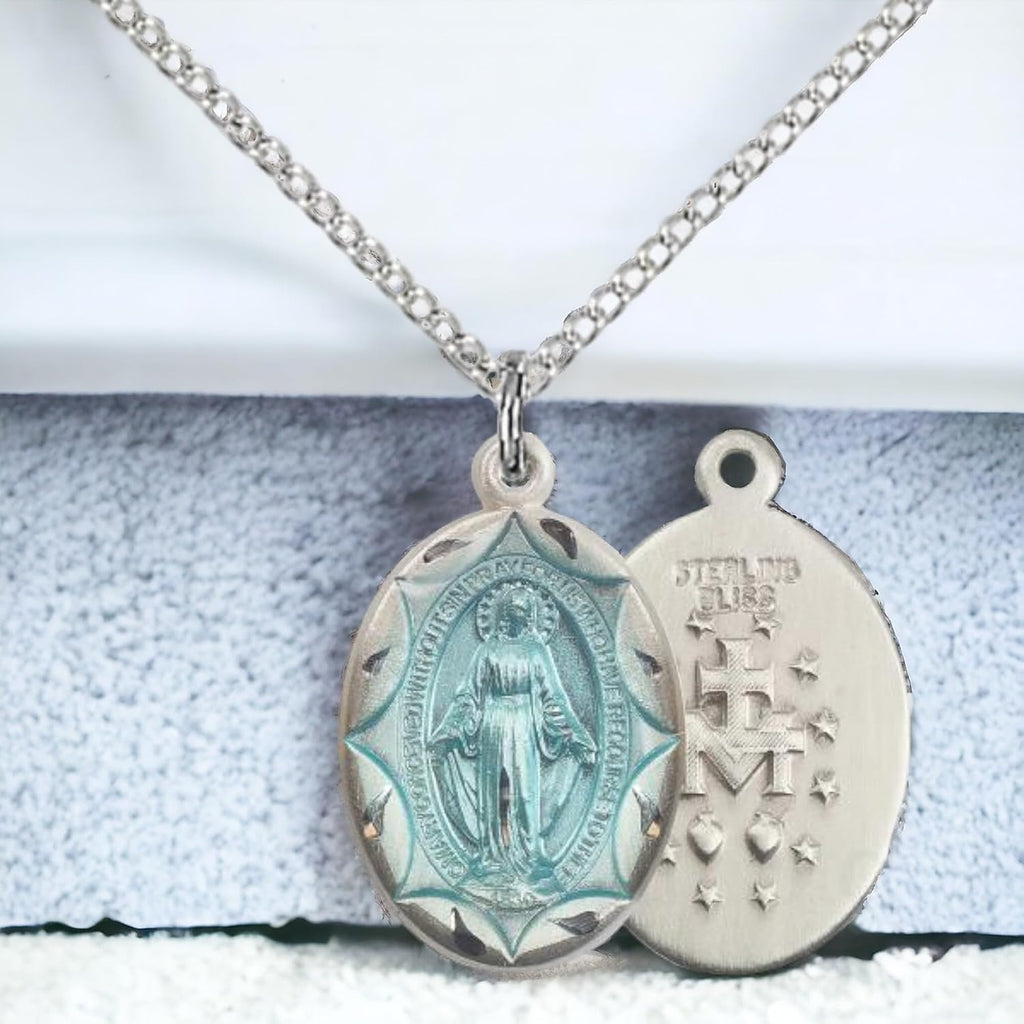 Heartland Store Women's Oval Blue Enamel Miraculous Medal Necklace - 18' Sterling Silver Chain - Elegant Religious Jewelry for Faith and Devotion - USA Made