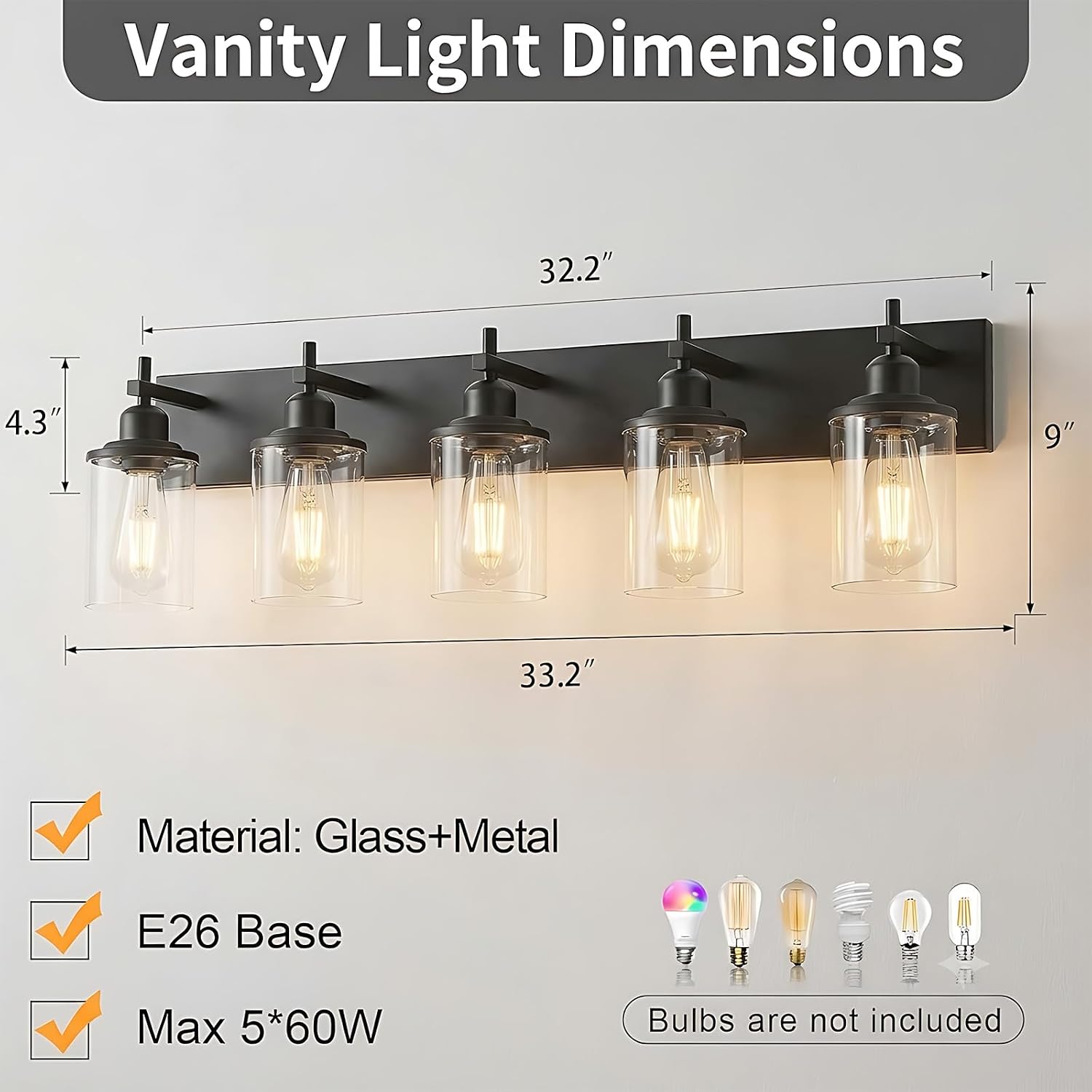 Lanhall 5-Light Black Bathroom Light Fixture Over Mirror Modern Farmhouse Bathroom Vanity Light Vintage Wall Lighting with Clear Glass Shade for Bathroom, Bedroom, Hallway, Cabinet