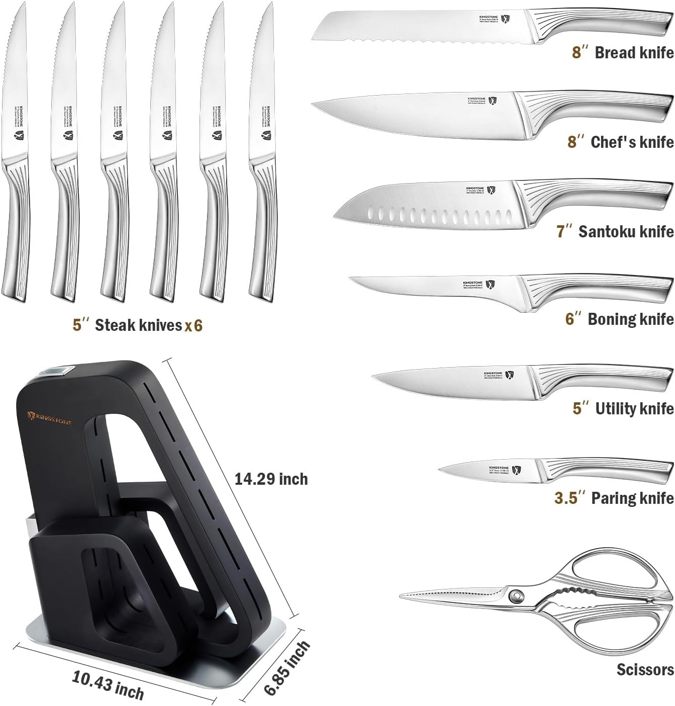 KINGSTONE 14 Pcs Kitchen Knife Set with Block, German Stainless Steel Knife Set with Built-in Sharpener, Dishwasher Safe Knife Block Set (Black, 14pcs)