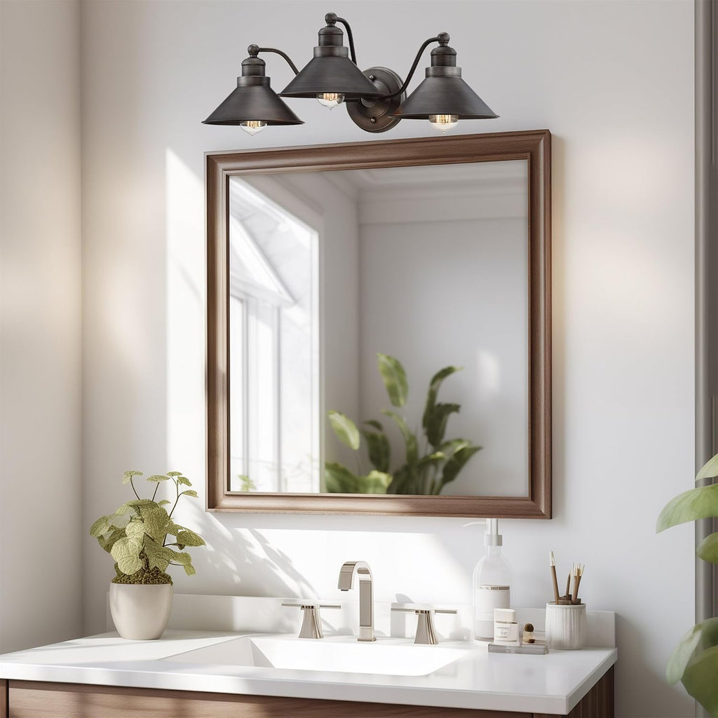 Kira Home Welton 25.5' 3-Light Modern Farmhouse Vanity Light with Funnel Shades, Industrial Dark Bronze Wall Sconce Bathroom Light, Brushed Dark Bronze Finish