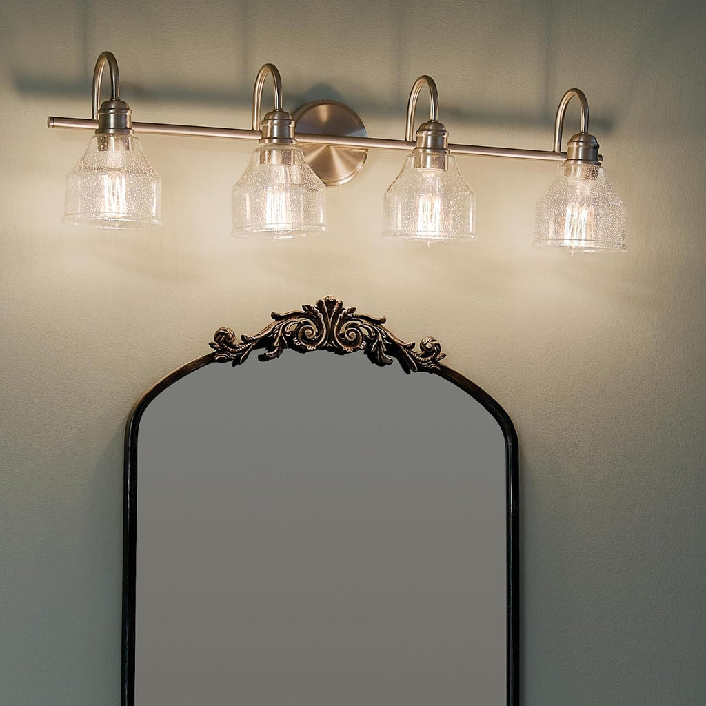Kichler Avery 33.25' 4 Light Bathroom Vanity Light in Brushed Nickel, Vintage Bathroom Wall Mount Fixture with Clear Seeded Glass, (33.25' W x 9.25' H), 45974NI