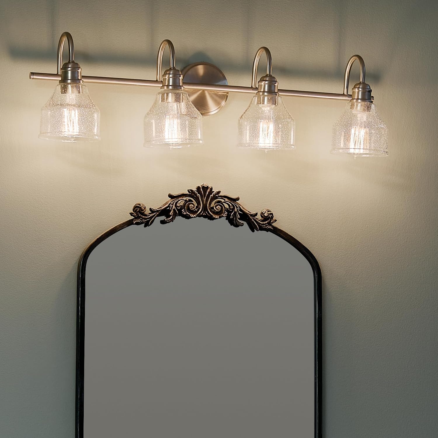 Kichler Avery 33.25' 4 Light Bathroom Vanity Light in Brushed Nickel, Vintage Bathroom Wall Mount Fixture with Clear Seeded Glass, (33.25' W x 9.25' H), 45974NI