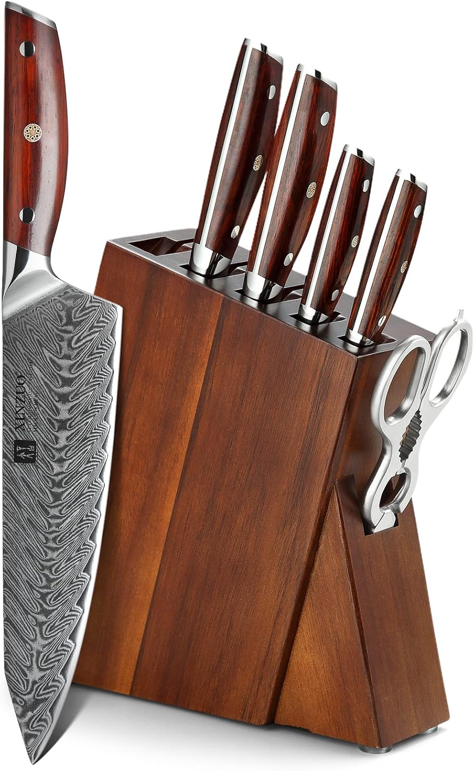 XINZUO 7PCS Knife Block Set,Professional Damascus Steel Chef Knife Santoku Bread Utility Fruit Knife with Multifunctional Kitchen Shears,Ergonomic Rosewood Handle