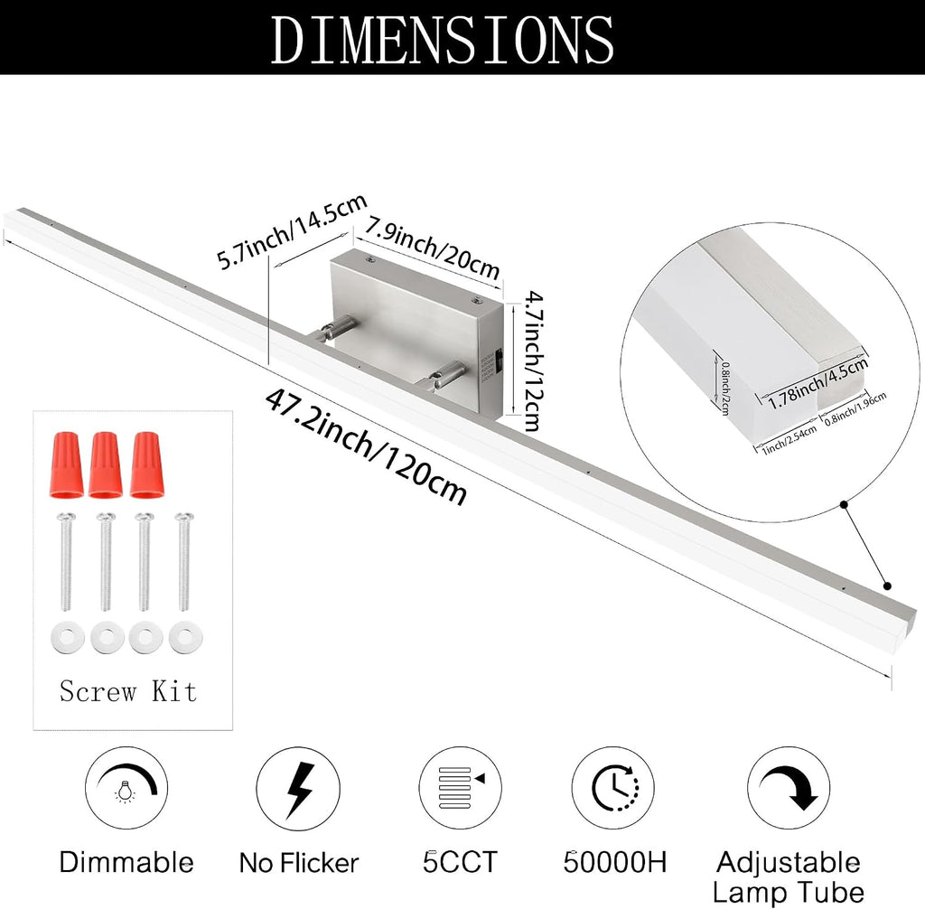 48 inch LED Modern Bathroom Vanity Lighting Fixtures Over Mirror, Brushed Nickel Adjustable Makeup Vanity Light Bar Dimmable 5CCT 46W 3000K-5000K