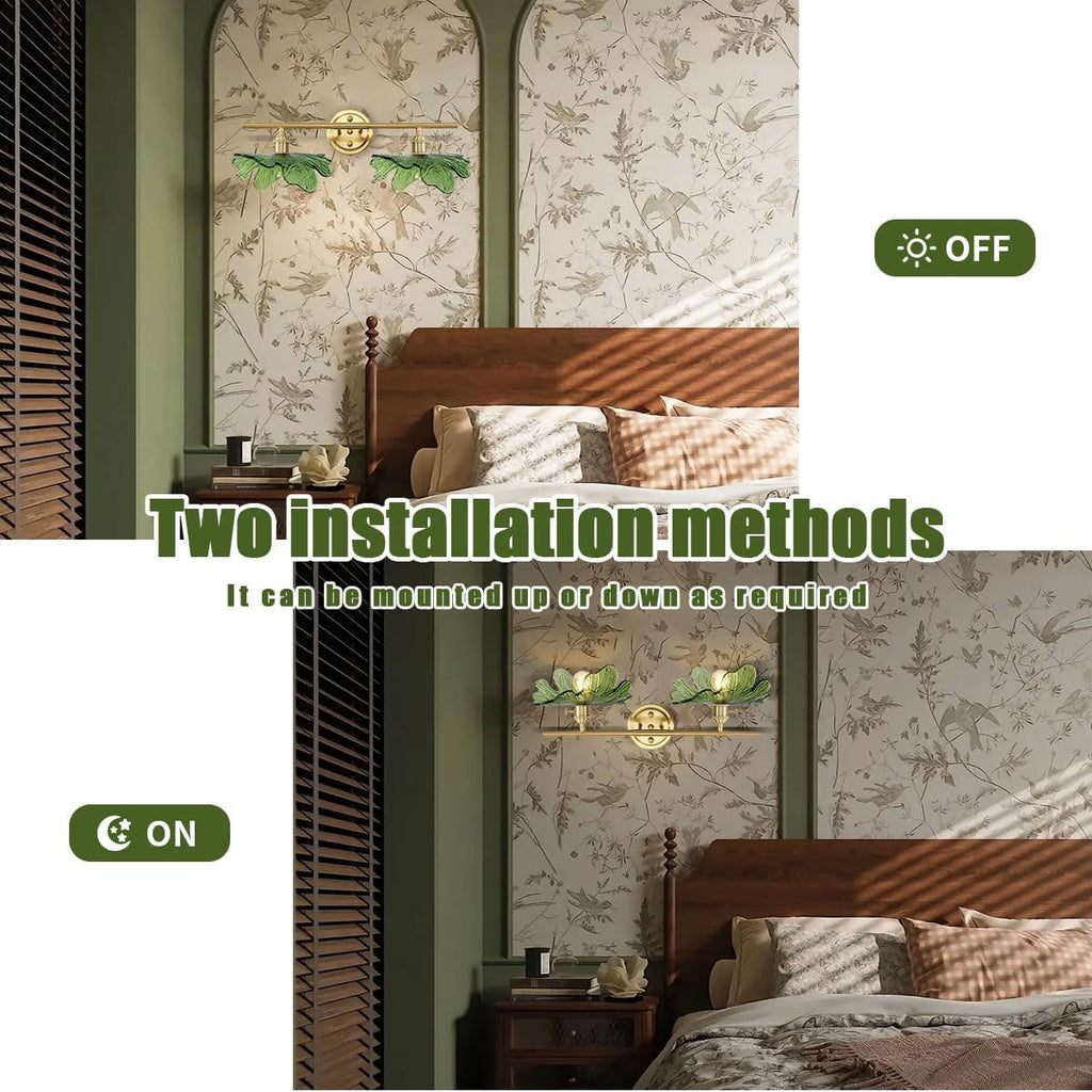 Green Bathroom Lighting Fixtures Over Mirror, Vintage Wall Sconces with Glass Shade Flower Vanity Lights Mid Century Wall Sconce Light Gold Wall Lighting for Bedroom Living Room Hallway
