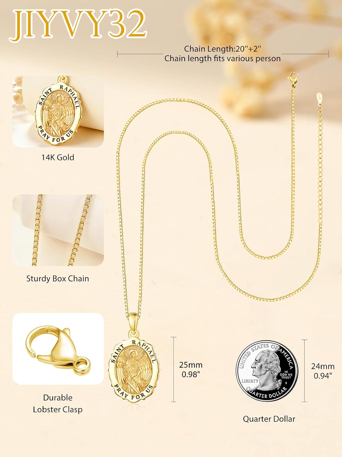14K Gold Saint Medal Necklace for Women, Catholic Patron Saint Pendant Necklace, Christian Religious Jewelry Gift for Confirmation Baptism Communion Christmas Birthday