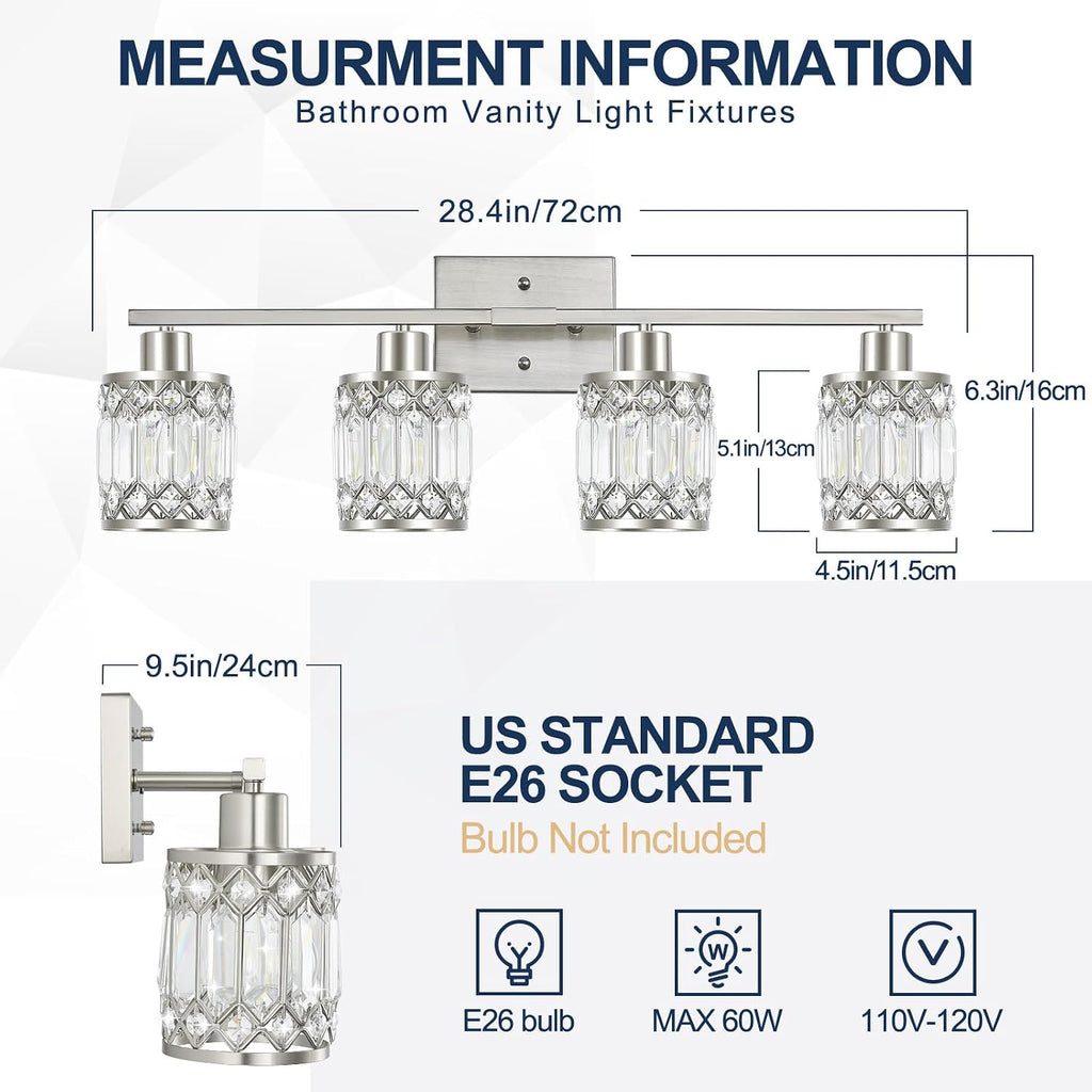 Crystal Modern Bathroom Light Fixtures, 4-Light Brushed Nickel Bathroom Vanity Wall Light, Vanity Lights for Mirror, Restroom, Bedroom (E26 Socket, Bulbs Not Included)