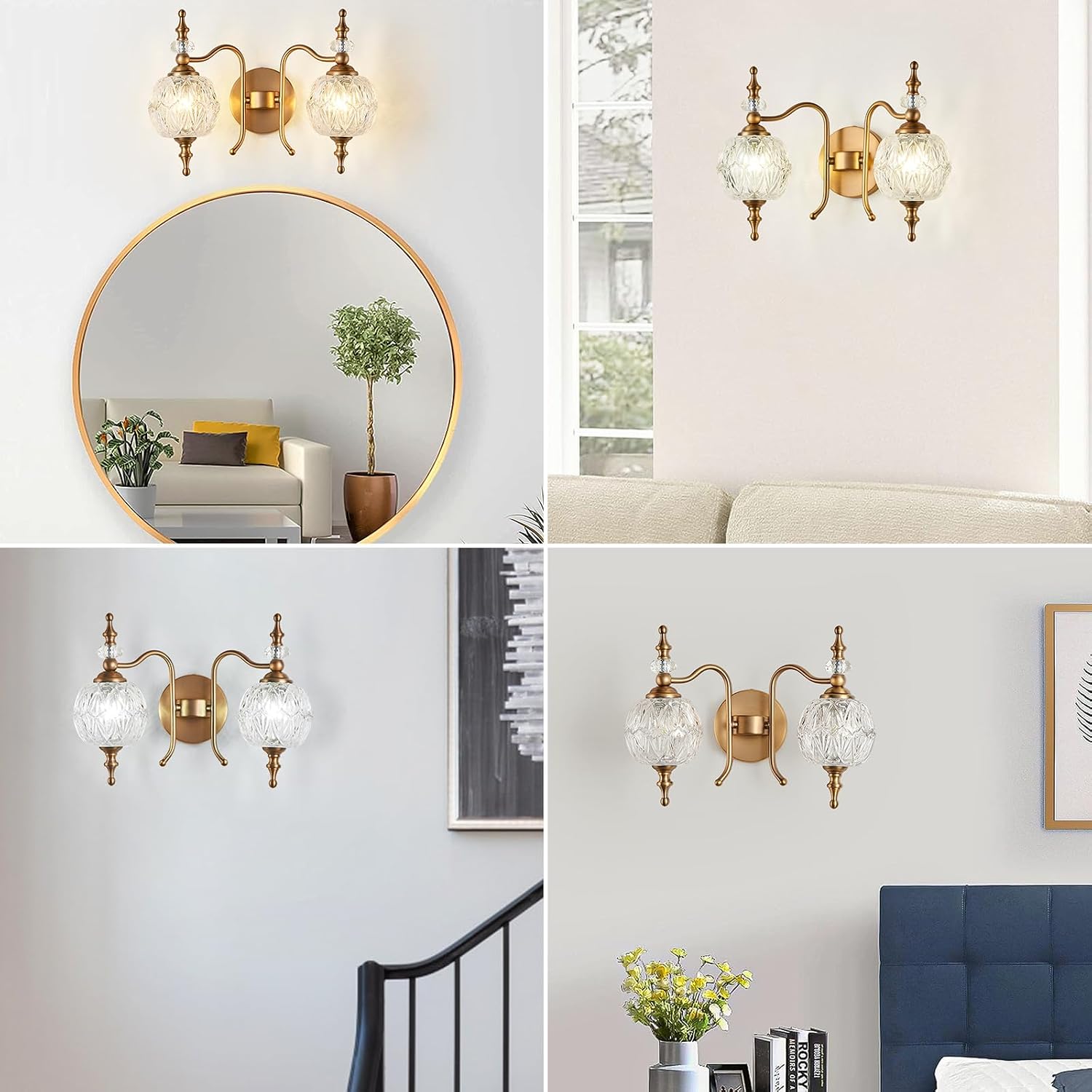 2-Light Vintage Crystal Bathroom Wall Sconces, Matte Brushed Antique Brass Finish Retro Wall Sconce Light with Crystal Glass Shade for Bathroom