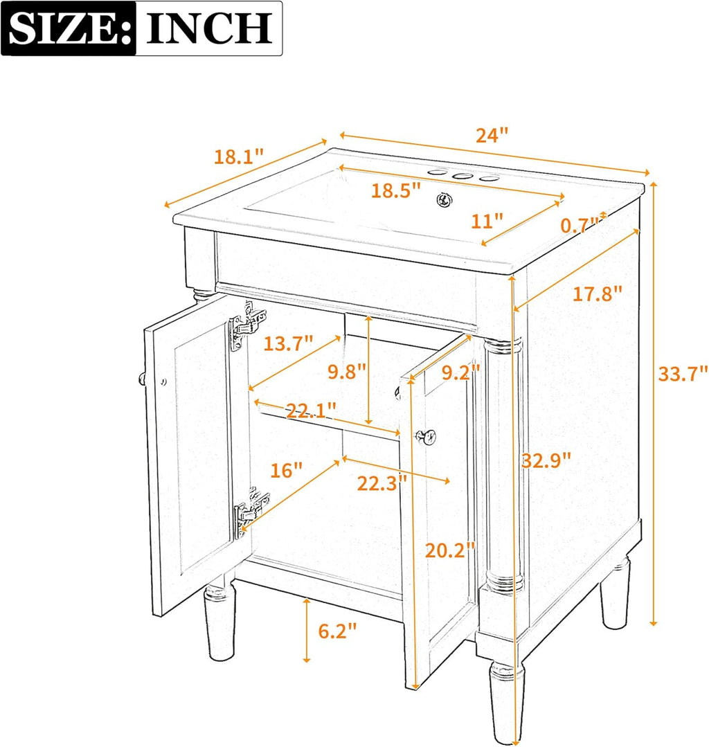 Virubi 24 Inch Bathroom Vanity with Single Sink Combo Set, Modern Bathroom Storage Cabinet with Double Soft Closing Doors, Solid Wood Frame Bathroom Vanities. (Dark Black)