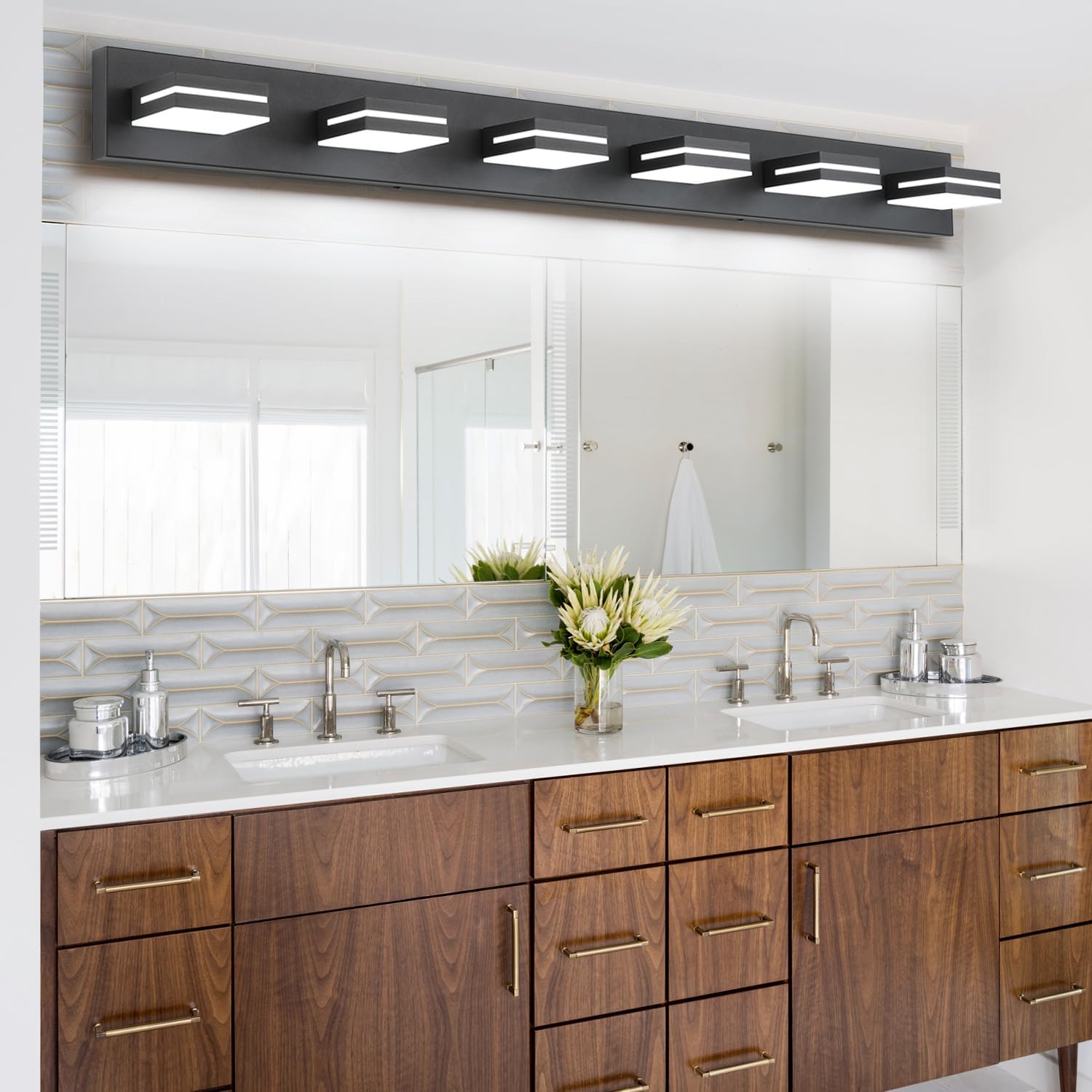 SineRise LED Modern Bathroom Vanity Light Fixtures (6-Light, 48-Inch), Matte Black Modern Acrylic Bathroom Wall Lighting Fixtures Over Mirror (Cool White 6000K)